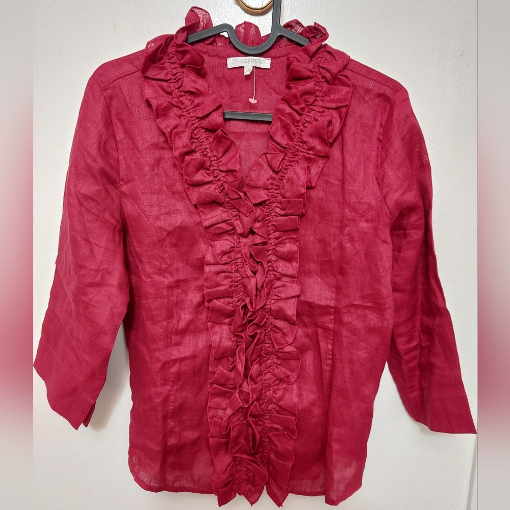Naracamicie New Red Ruffled Linen Blouse Size S NWOT